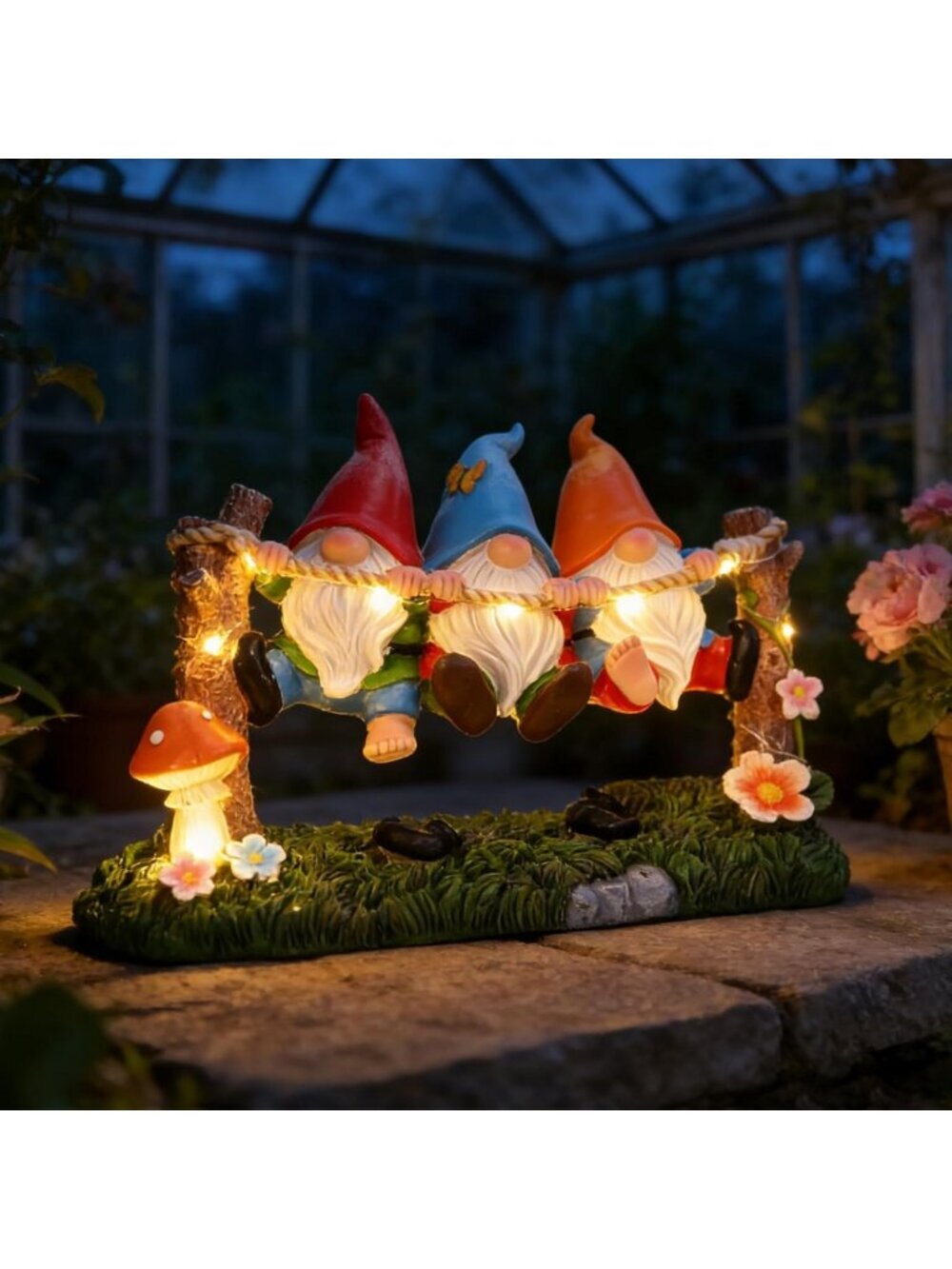 Charming Solar Garden Gnome Statue with Flowers & Mushrooms - Waterproof Outdoor